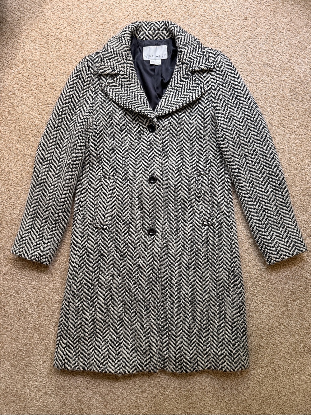 Nine West Black and White Herringbone Pea Coat